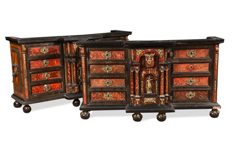 Lot 763 - A pair of Italian baroque gilt bronze and tortoiseshell mounted ebonised cabinets, 18th century