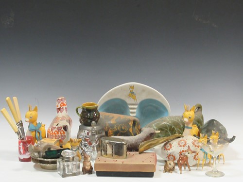 Lot 92 - Pottery models of bulls, babycham ephemera,...