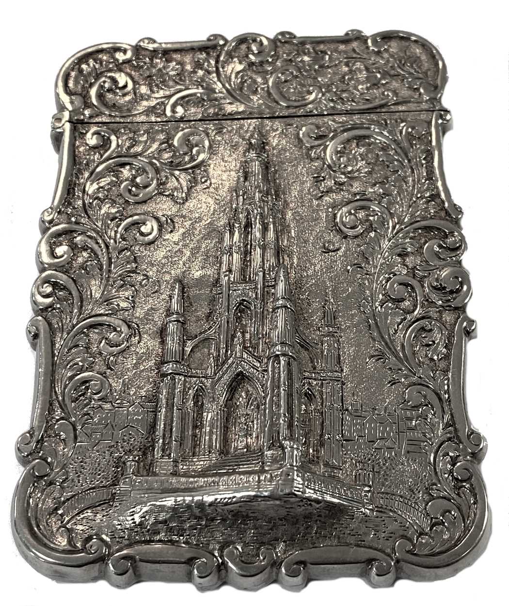 Lot 282 - A Victorian silver 'Castle Top' style hinged card case, mark of Nathaniel Mills