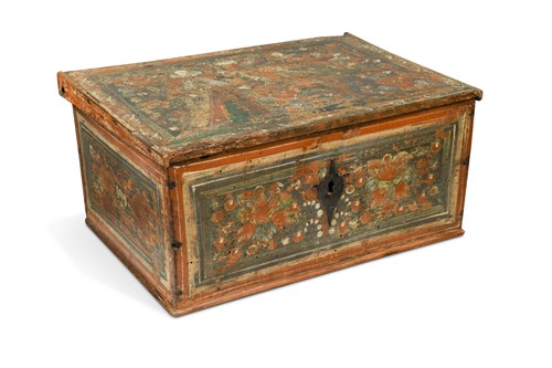 Lot 892 - A Continental polychrome painted marriage box, late 16th or early 17th century