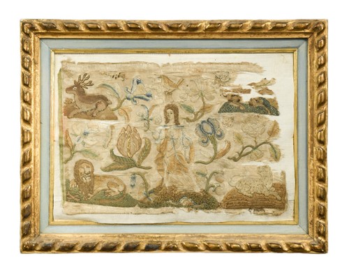Lot 730 - A stumpwork fragment, 17th century