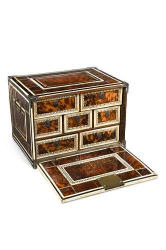 Lot 744 - An Indo-Portuguese blonde tortoiseshell and ivory mounted table cabinet, late 17th/early 18th century