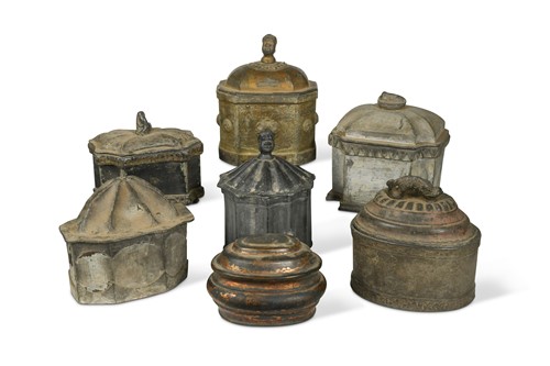 Lot 707 - Six lead tobacco boxes, 19th century