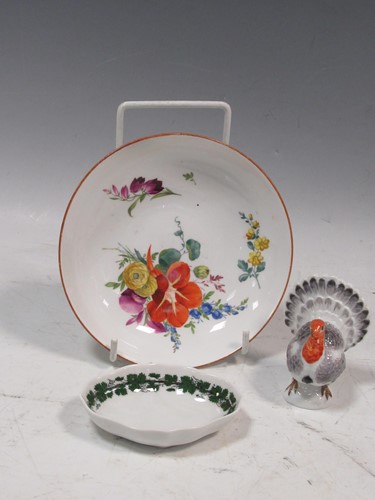 Lot 42 - A small Meissen model of turkey, a Meissen pin...