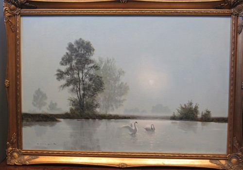 Lot 490 - Gerald Coulson (b. 1926) Landscape with swans,...