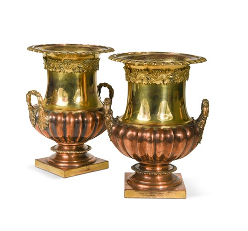 Lot 851 - A pair of gilt and patinated copper twin-handled Campana urns, early 19th century