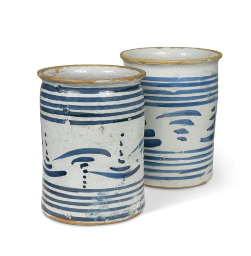 Lot 408 - Two similar 18th century London Delft, blue and white storage jars or gallipots