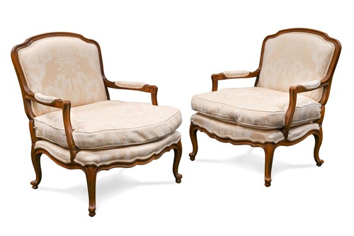 Lot 893 - A pair of Louis XV style beechwood open armchairs, 20th century