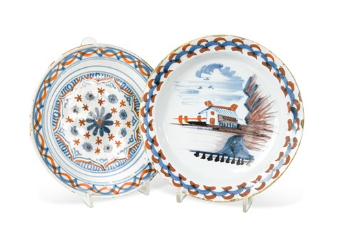 Lot 407 - Two London delft plates, probably Lambeth High Street, William and Abigail Griffith, circa 1770