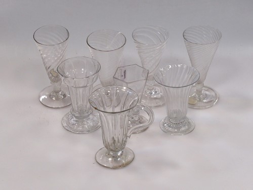 Lot 4 - Four George III wyrthen ale/jelly glasses, an...