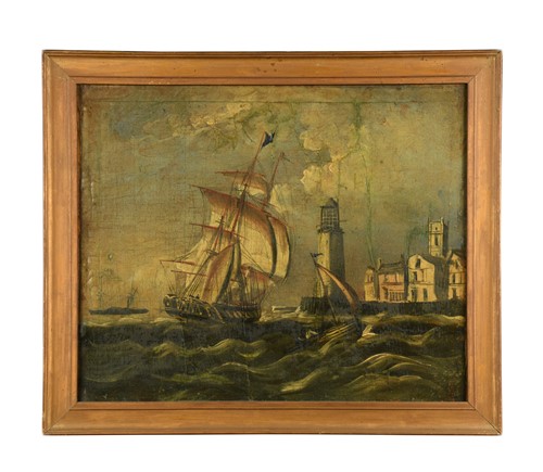 Lot 437 - Shipping by a ligthouse, oil on canvas, 50 x 60cm