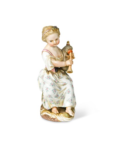 Lot 499 - A Meissen porcelain figure of a young girl playing the bagpipes, 19th century