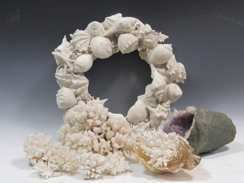 Lot 85 - A shell wreath, coral and an amethyst geode