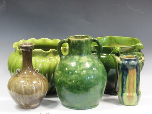 Lot 106 - A collection of green glazed studio pottery to...