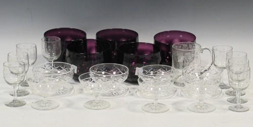Lot 48 - Five purple glass finger bowls, 8 short stem...