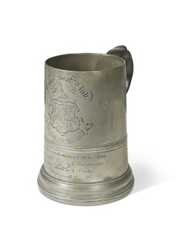 Lot 905 - Of Cambridge rowing interest, an early Victorian Caius College Cambridge pewter presentation tankard