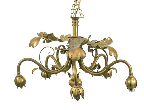 Lot 131 - An Arts & Crafts brass ceiling light in the manner of W.A.S. Benson, circa 1900