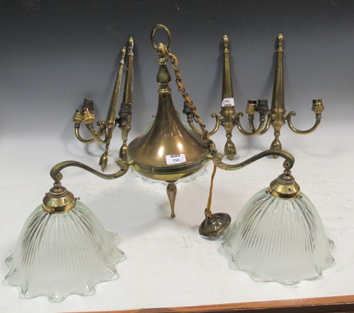 Lot 756 - A three branch chandelier with glass conical...