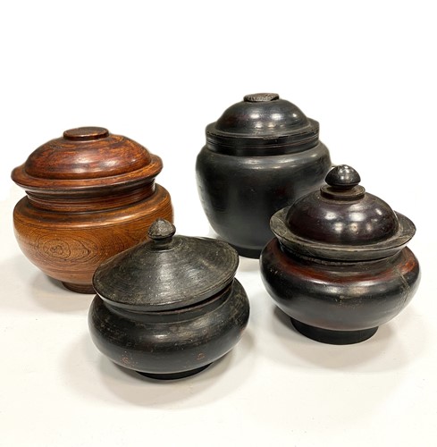 Lot 380 - A group of Bhutan turned wood Tsampa (roasted barley flour) lidded containers