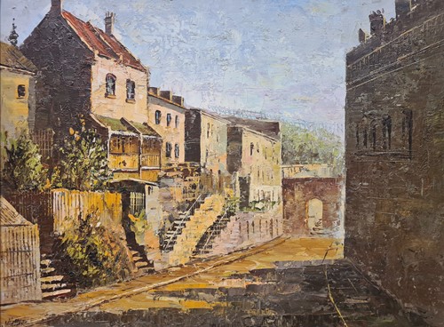 Lot 356 - An indistinctly signed street scene, oil on...