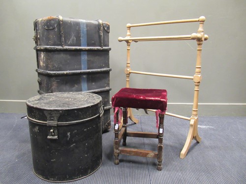 Lot 488 - A pine towel rail, a leather trunk, an oak...