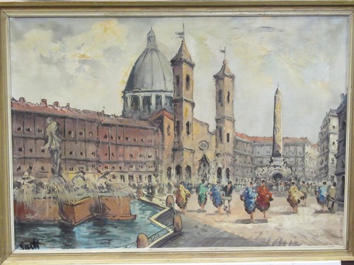 Lot 368 - A square with a fountain, possibly Spain, oil...