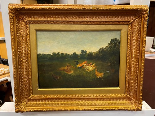 Lot 289 - A C Duvall, Chickens in a farmyard landscape,...