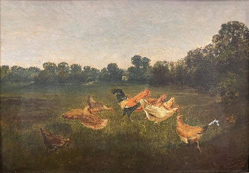 Lot 289 - A C Duvall, Chickens in a farmyard landscape,...