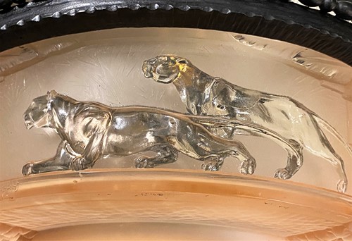 Lot 4 - An Art Deco Muller Freres glass and wrought iron plafonnier, circa 1930