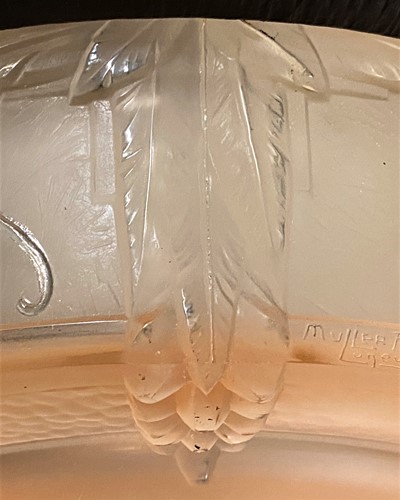 Lot 4 - An Art Deco Muller Freres glass and wrought iron plafonnier, circa 1930