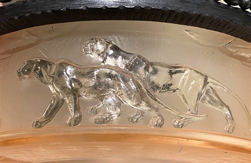 Lot 4 - An Art Deco Muller Freres glass and wrought iron plafonnier, circa 1930