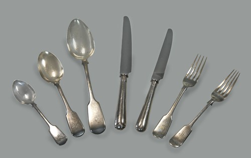 Lot 524 - A 51-piece harlequin set of 19th century and later silver cutlery and flatware with 24 additions