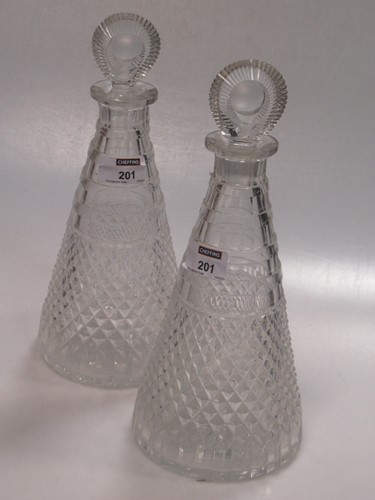 Lot 201 - Pair of conical shapped cut glass decanters,...