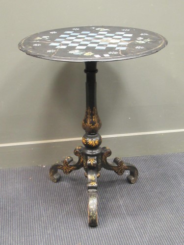 Lot 409 - Black laquer chess top table with mother of...
