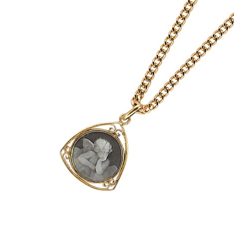 Lot 27 - A guilloché enamel cherub pendant and chain