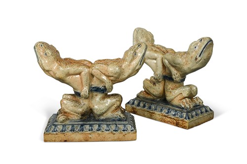 Lot 27 - Robert Wallace Martin for the Martin Brothers, a rare and important pair of stoneware andirons