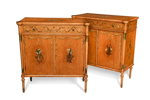Lot 409 - A pair of satinwood and painted two door side cabinets, 20th century