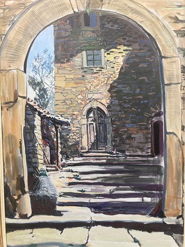 Lot 335 - Kate Bowln monastery archway gouache on board...