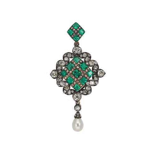 Lot 212 - A synthetic emerald and diamond pendant/brooch