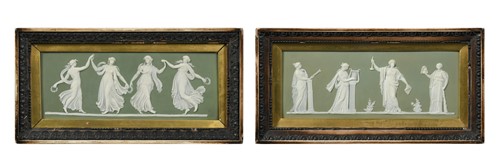 Lot 338 - A pair of Wedgwood green jasperware plaques