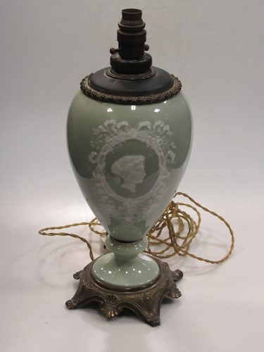 Lot 135 - A French style green porcelain baluster lamp...