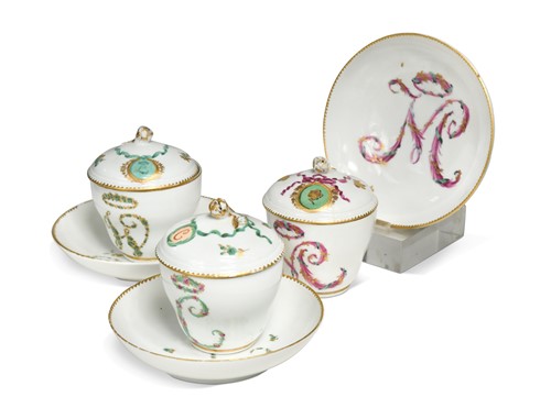 Lot 723 - A pair of Meissen Marcolini period monogrammed, cups, covers and stands, circa 1770
