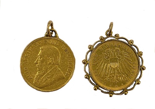 Lot 416 - A South African 1 Pond gold coin and a German 10 Mark gold coin, both mounted as pendants