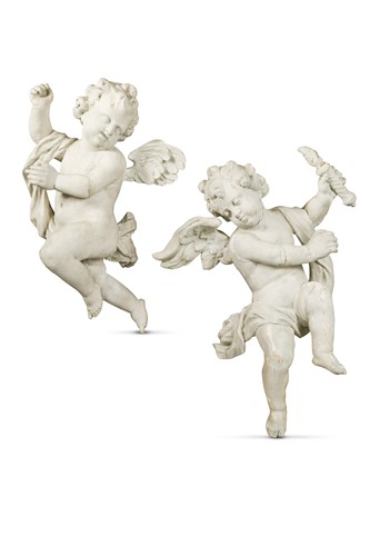 Lot 348 - A pair of Baroque style carved and painted putti, probably late 18th or 19th century