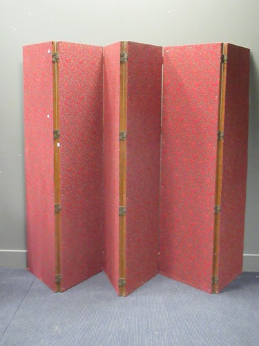 Lot 456 - A red fabric lined six door screen, 83 x 56...