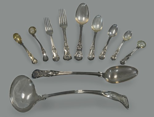 Lot 522 - A 48-piece harlequin set of Victorian silver flatware with 11 additions
