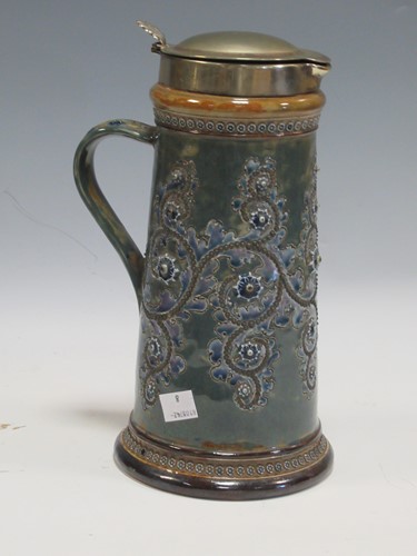 Lot 12 - A Doulton Lambeth jug with electroplate mount...