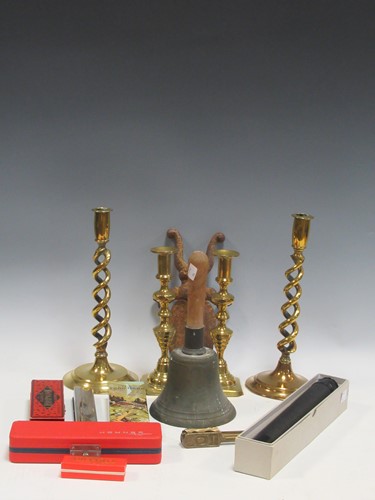 Lot 111 - Two pairs of brass candlesticks, a stone jar,...