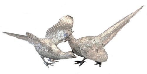 Lot 381 - A pair of late 20th century cast silver fighting cock pheasants