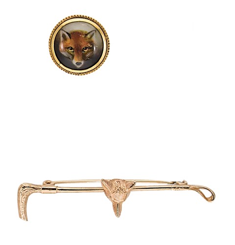 Lot 94 - An Essex crystal fox mask brooch, together with a fox mask bar brooch